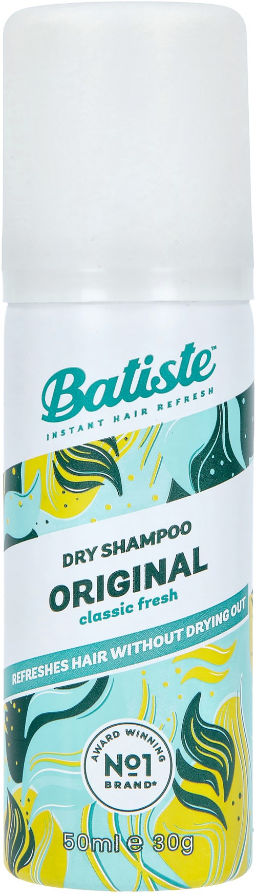 Een witte fles Batiste droogshampoo met kleurrijke bladpatronen en tekst over frisheid en originaliteit.