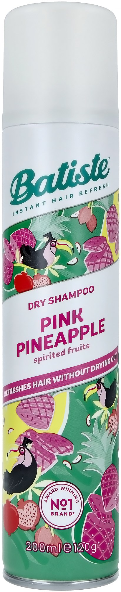 Een busje Batiste droogshampoo met roze ananasgeur en kleurrijk tropisch ontwerp.
