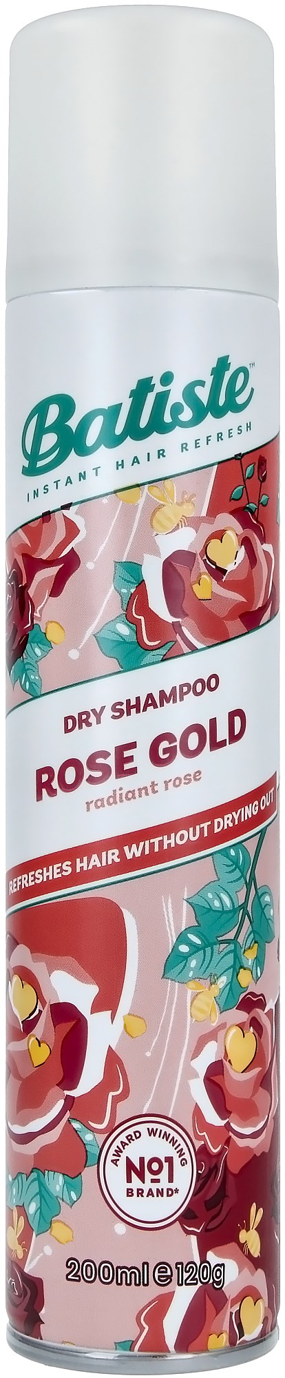 Een lange witte spuitbus met bloemenontwerp, labeled "Batiste" en "Rose Gold" voor droogshampoo.