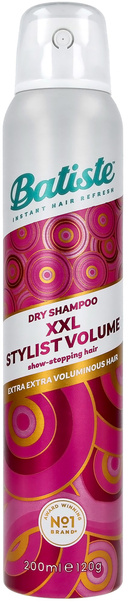 Een witte en roze bus Batiste droogshampoo met kleurrijke cirkel patroon, gelabeld voor volume en glans.