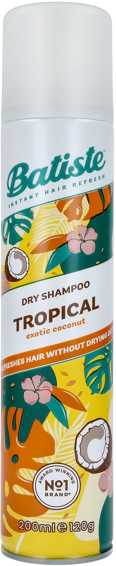 Een witte spraybus met Batiste droogshampoo met tropisch kokosontwerp en kleurrijke bladeren.
