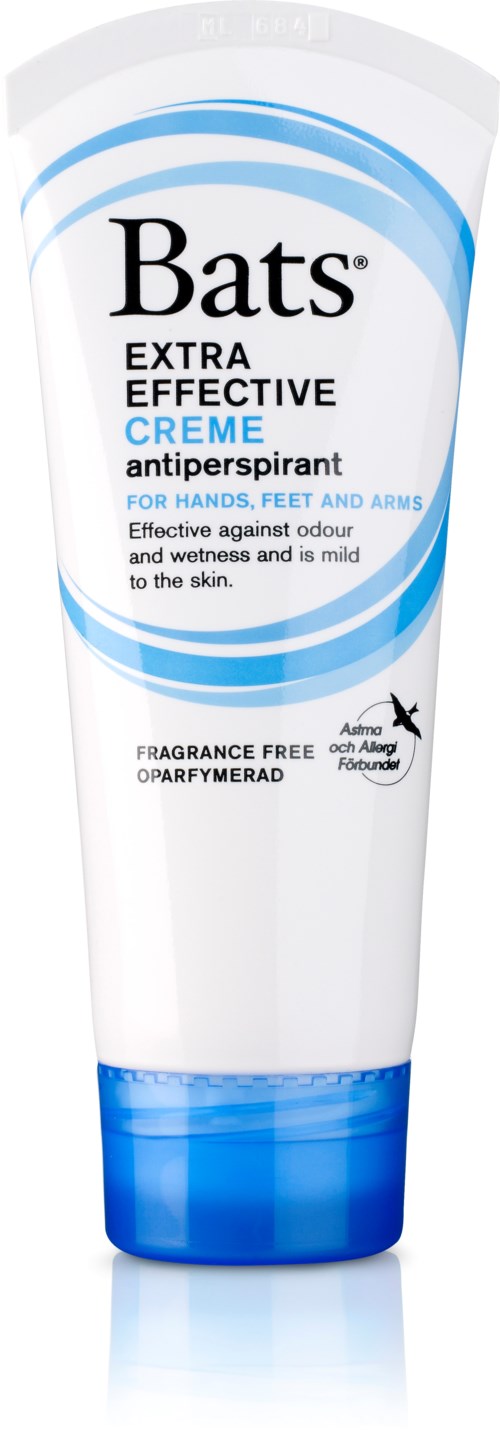 En hvit tube med Bats Extra Effective Creme deodorant med blå detaljer og tekst, for hender, føtter og armer.