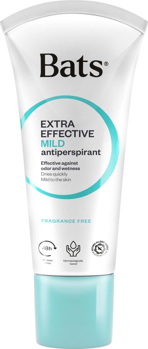 En hvit og blå tube med Bats ekstra effektiv mild antiperspirant, duftfri, for å deodorere huden.
