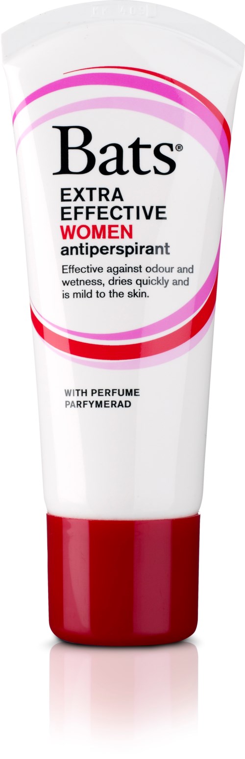 A white and red tube of Bats women's antiperspirant deodorant, claiming to be extra effective and mild.