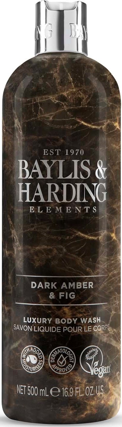 Eine lange Flasche mit dunklem Marmormuster, beschriftet Baylis & Harding, enthält Duschgel mit Feigen-Duft.