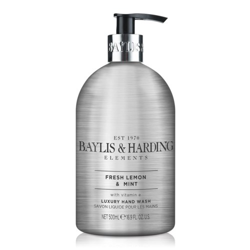 Eine silberne Flasche mit luxuriöser Handseife, beschriftet 'Baylis & Harding Elements, Fresh Lemon & Mint' mit Pumpe.