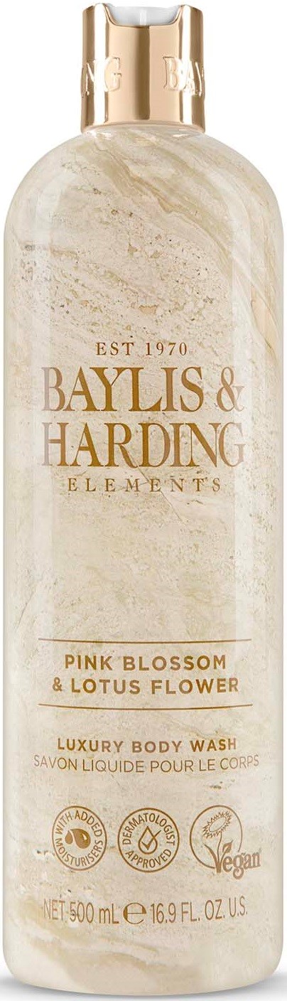 Eine hohe, beige Flasche mit Goldkappe, beschriftet mit 'Baylis & Harding Elements, Pink Blossom & Lotus Flower, Luxury Body Wash.'
