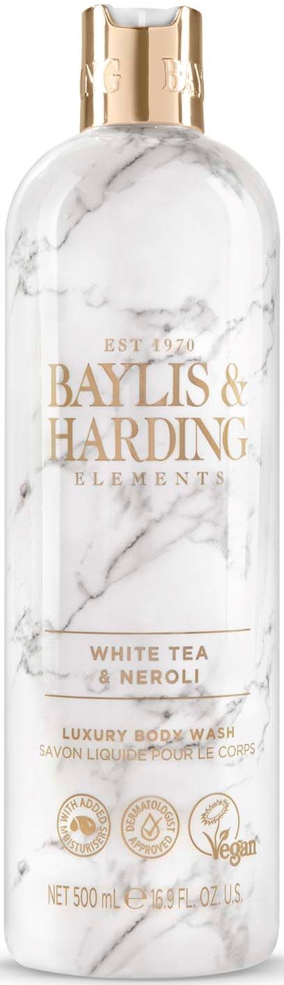 Eine transparente Körperwaschflasche mit goldener Kappe, weißem Marmor-Design und goldener sowie schwarzer Schrift.