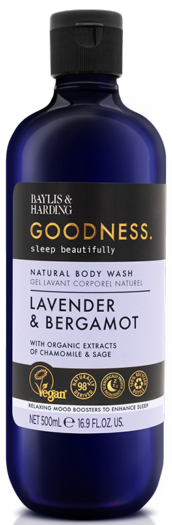 Eine dunkelblaue Flasche mit Lavendel und Bergamotte Körperspülung mit biologischen Extrakten und Etiketten für Entspannung.