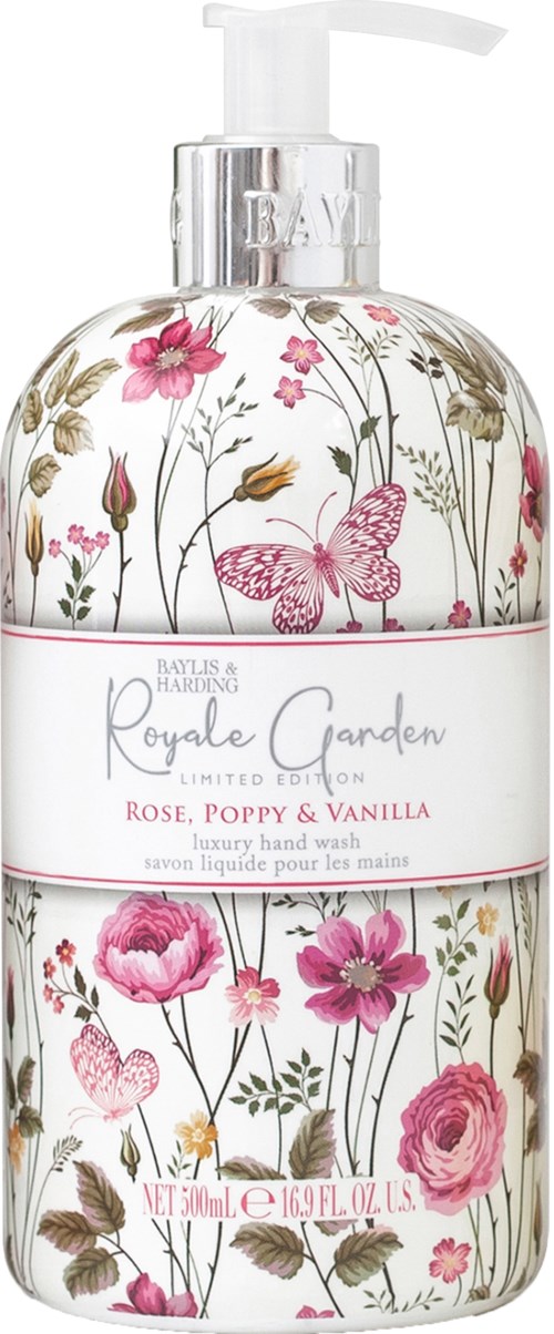 Eine blumige Handwaschflasche mit rosa Rosen, Mohnblumen und Schmetterlingen, beschriftet 'Royale Garden' und 'Rose, Poppy & Vanilla.'