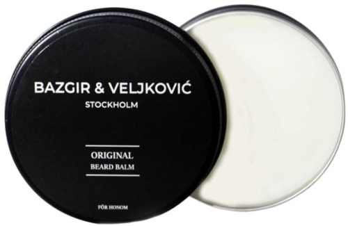 A black lid labeled "Bazgir & Veljkovic Stockholm Original Beard Balm" is next to an open white tin of balm.
