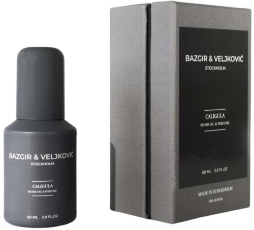A black perfume bottle with a box, both labeled BAZGIR & VELJKOVIC, Stockholm, CALIGULA.