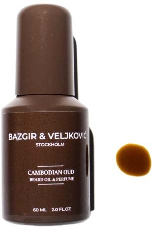 A brown bottle of beard oil labeled "Bazgır & Veljkovic Stockholm Cambodia Oud" with a small oil drop next to it.