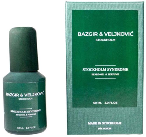Green bottle and box for beard oil and perfume from Bazgír & Veljkovic, made in Stockholm, 60 ml.