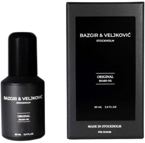 A black bottle and a box labeled 'Original Beard Oil' from Bazgird & Veljkovic, Stockholm, 60 ml.