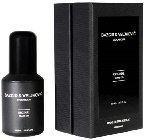 A black bottle and box labeled "BAZGIR & VELJKOVIC, Original Beard Oil, 60 ml," indicating a men's grooming product.