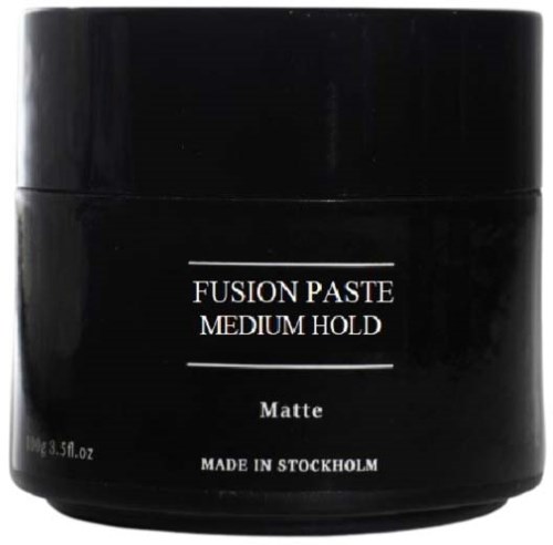A black jar with white text says 'Fusion Paste Medium Hold, Matte, Made in Stockholm'.