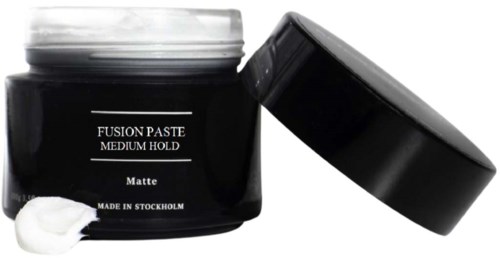A black jar of fusion paste with a white lid, label says matte, with some cream on the side.