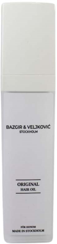 A white bottle with black text says Bazgzir & Veljkovic, Stockholm, Original Hair Oil, for economic use, made in Stockholm.