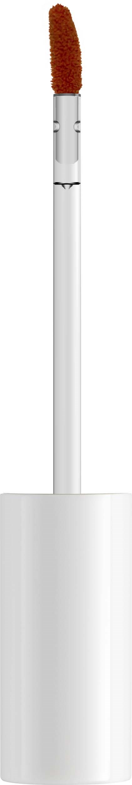 Een witte tube met een bruine sponsapplicator aan de bovenkant, waarschijnlijk een lipgloss of vloeibare lippenstift.
