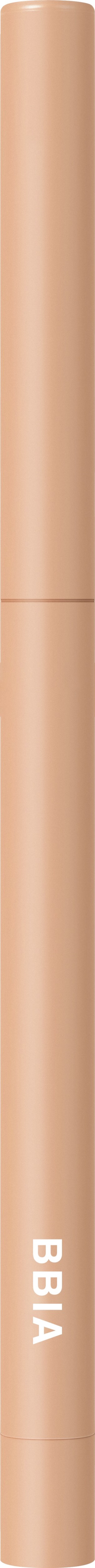 Een beige pen met het woord 'BIBA' erop, staat verticaal op een zwarte achtergrond.