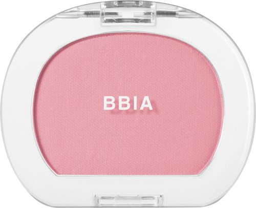 A pink blush compact with a clear lid, labeled BBIA.