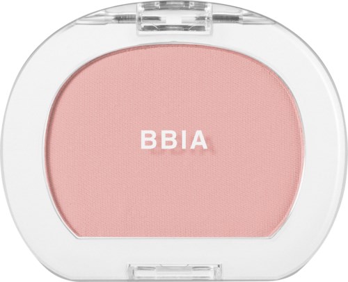 Een ronde blush-compact met roze blush en de tekst BBIA.