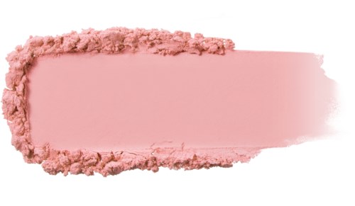 Een roze make-up blush met een ruwe rand en een glad midden, toont een penseelstreek over het oppervlak.