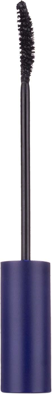 A mascara wand with a blue handle and curved black brush at the tip.