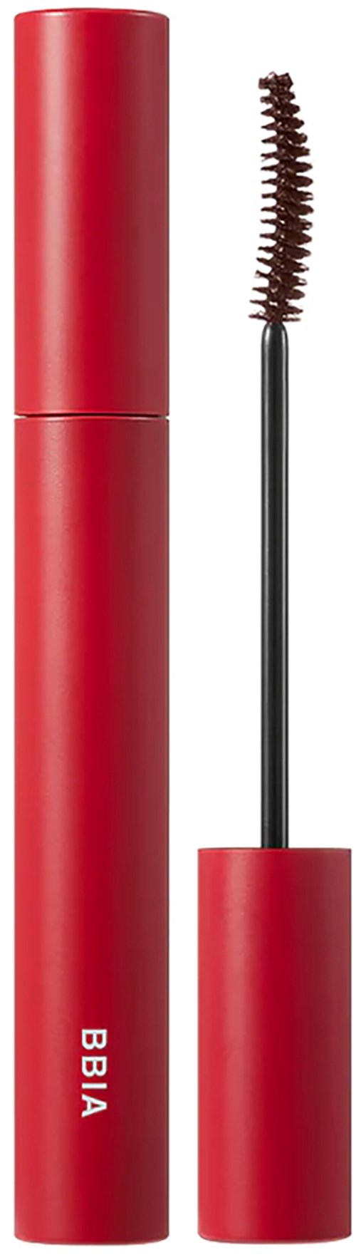 Rood mascara-huls met kwast met gebogen borstels. Het merk "BBIA" staat op de huls.