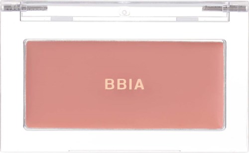 A pink makeup blush in a clear case with the letters BBIA on it.