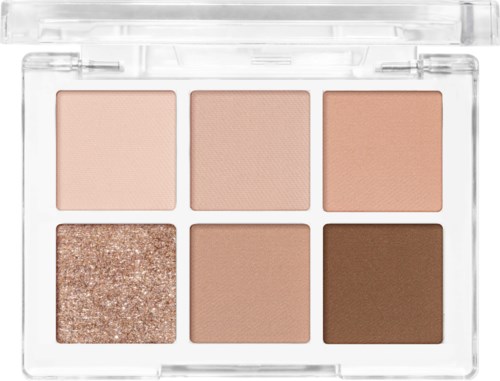 Zes make-upkleuren in een doorzichtige palette, inclusief lichte, medium en donkere tinten, sommige met glitters.
