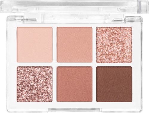 Zes make-upkleuren in een doorzichtige case, inclusief matte en glitter roze, bruin en een glanzende lichte kleur.