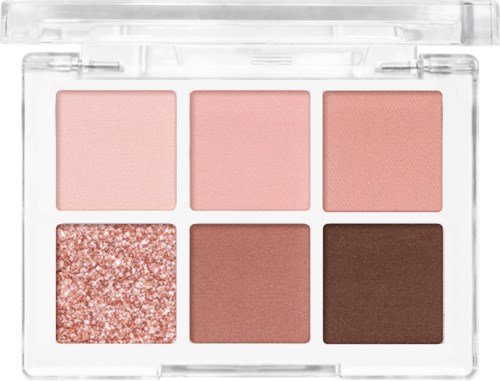 Eine Make-up-Palette mit sechs Farbtönen, darunter Rosa, Braun und Glitzer, in einem transparenten Kunststoffgehäuse.