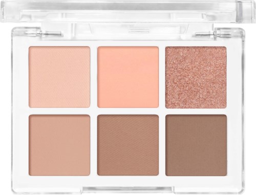 Een palette met zes oogschaduwkleuren in lichte tot donkere neutrale en glanzende tinten.