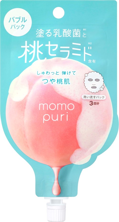 Eine Produktverpackung mit Birnenabbildung, japanischem Text und einem weißen Maskenbild. Die Verpackung ist blau.