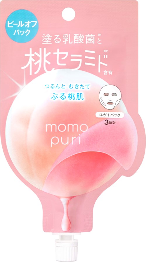 Roze verpakking met Japanse tekst, een perzikafbeelding en een diagram van een gezichtsmasker voor de huid. Het is een huidverzorgingsproduct.