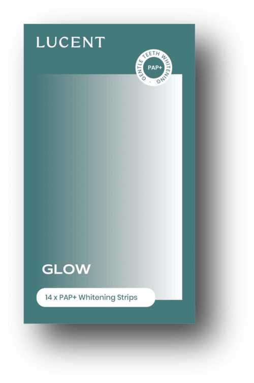 Eine tealfarbene Schachtel mit Lucent Glow enthält 14 Bleachingsstreifen, mit einem runden Logo für Zahnaufhellung.