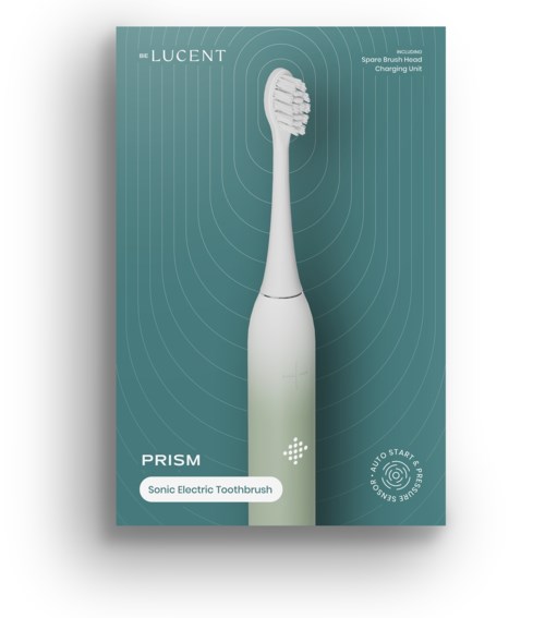 Verpackung für eine Lucent Prism Sonic Electric Toothbrush, weißer Bürstenkopf, blau-grüner Hintergrund und Markeninformationen.