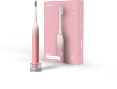 Eine pinke und weiße elektrische Zahnbürste steht neben ihrer pinken Verpackung. Die Verpackung hat Text und Designelemente.