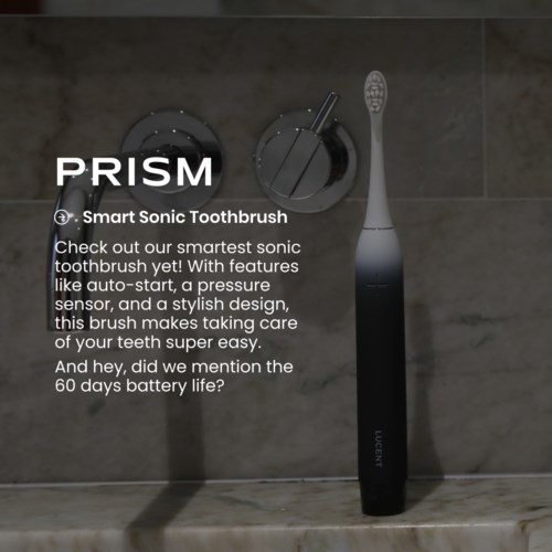 PRISM-logo, älykäs äänigizablekäsihammasharja lataustelineellä ja varaterällä, musta ja hopea muotoilu.