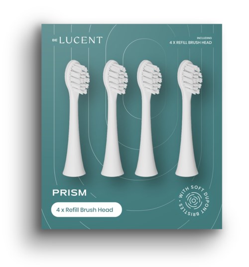 Vier Zahnputzaufsätze in einer Schachtel, als nachfüllbar mit weichen Borsten, Teil des Lucent Prism Sets.