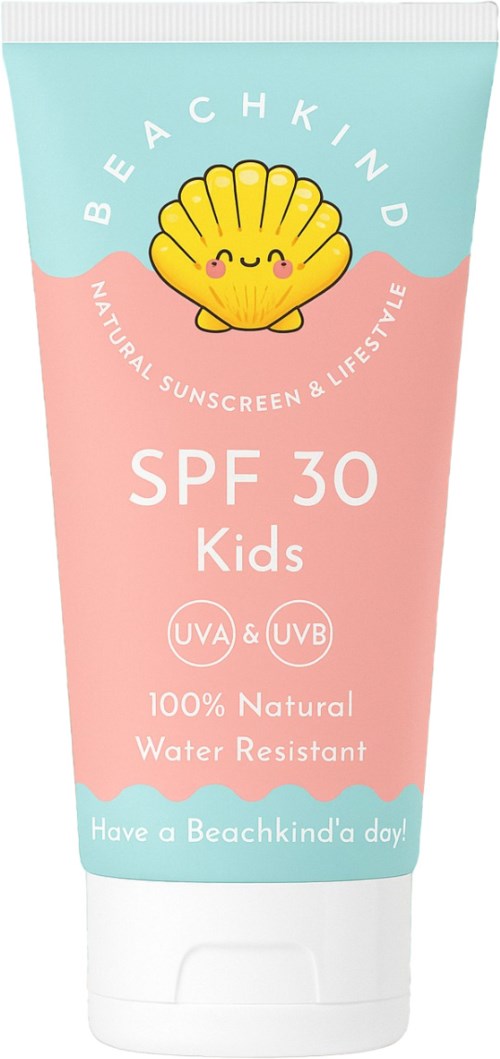 A kids sunscreen tube with a cute shell and cheerful face, marked SPF 30, water resistant and natural, for sunny days.