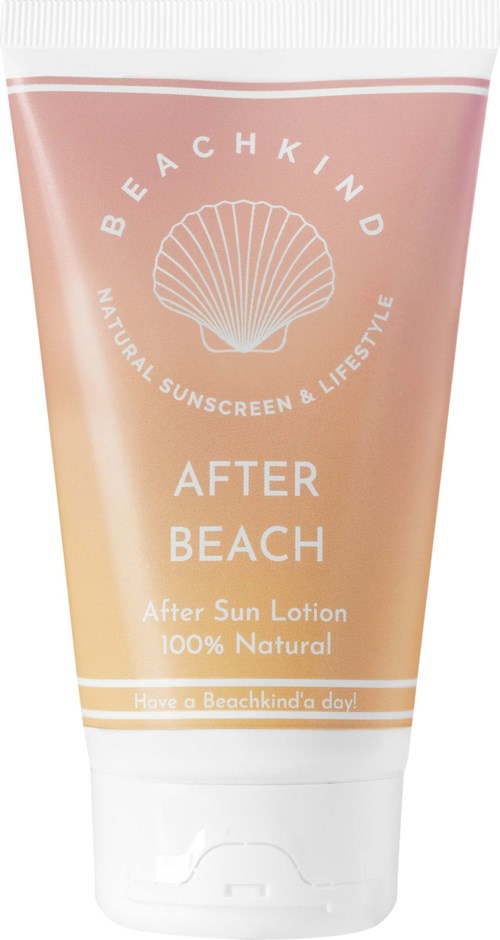 A tube of after sun lotion with a beach shell logo, labeled 'Beachkind After Beach' and '100% Natural'.