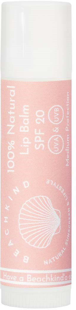 Pink lip balm tube with SPF 20, natural ingredients, beach-themed design, and a seashell graphic.