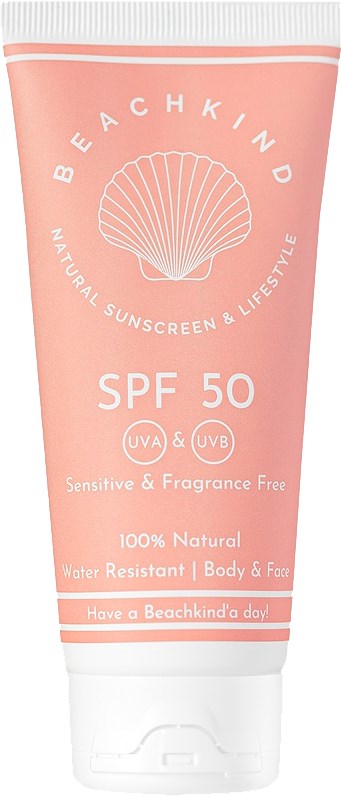 A pink sunscreen tube labeled Beachkind, SPF 50, with a shell and text about natural, water-resistant sun protection.