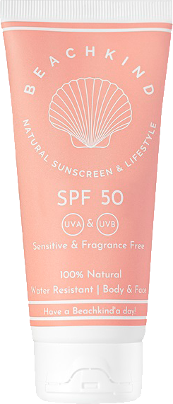 A pink tube of sunscreen with a shell graphic, SPF 50, and labels indicating it's suitable for sensitive skin.