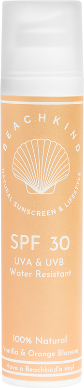 A sunscreen bottle with SPF 30, made of natural ingredients, in a peach color with a shell logo.