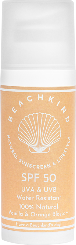 A sunscreen stick with SPF 50, natural ingredients, and a vanilla and orange scent. Designed for outdoor protection.