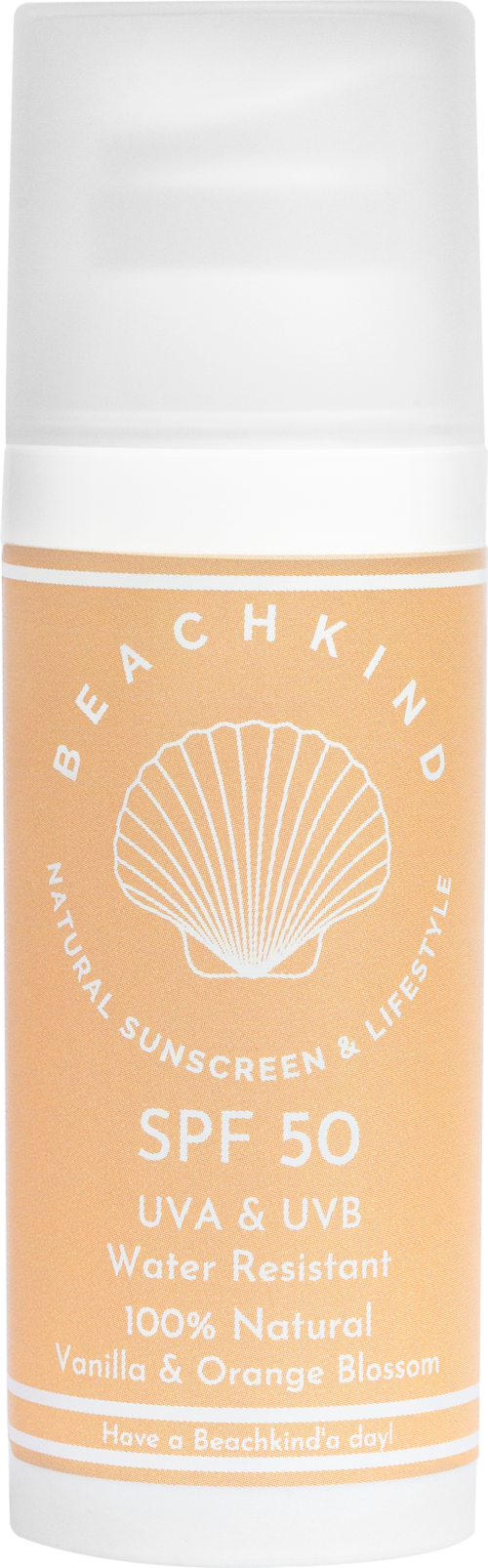 A sunscreen bottle with SPF 50, UV protection, and natural ingredients, message about enjoying a beach day.